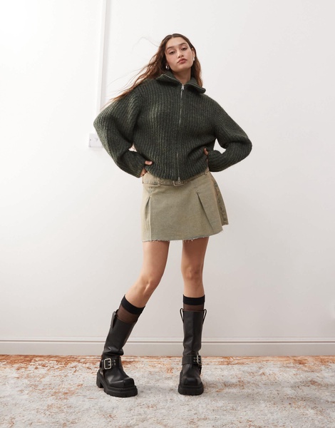 Weekday Bea wool blend zip up cardigan in dark green melange