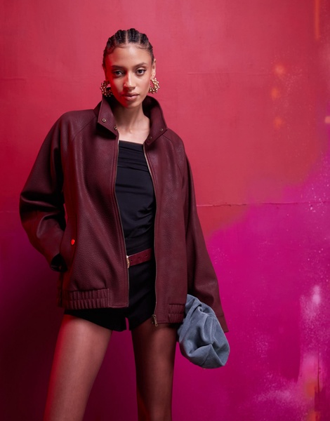 ASOS DESIGN leather look bomber jacket in burgundy