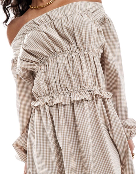ASOS DESIGN shirred long sleeve maxi dress in brown gingham