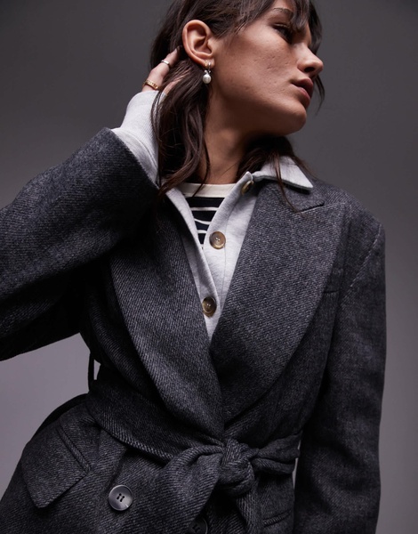 Topshop double breasted belted twill blazer coat in charcoal