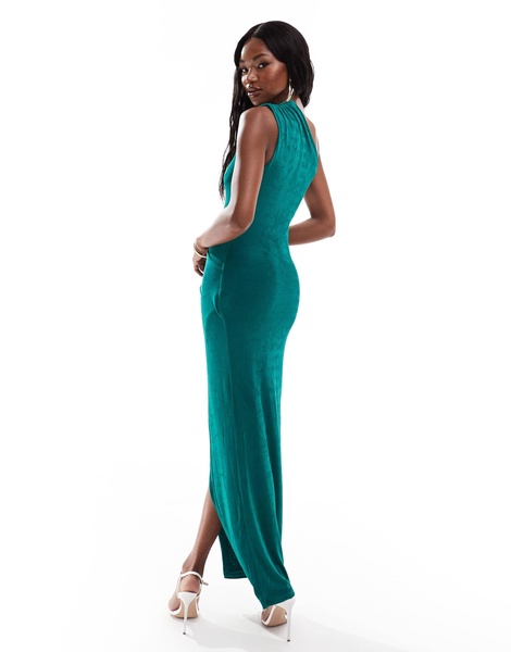 Aria Cove Exclusive slinky one shoulder thigh slit maxi dress in emerald