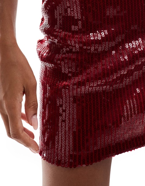 ASOS DESIGN mid rise sequin mini skirt in wine - part of a set