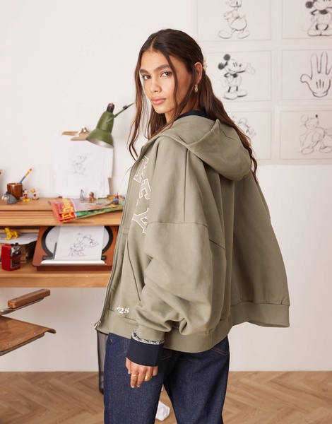 ASOS DESIGN Disney unisex boxy super oversized zip through hoodie with Mickey Mouse prints and embroidery in khaki