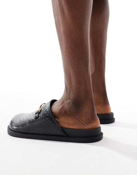 ASOS DESIGN weave mules in black with gold snaffle
