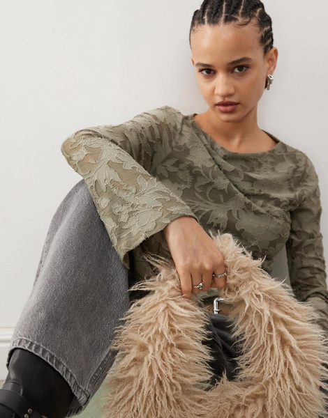 Reclaimed Vintage long sleeve burn out top in khaki flock