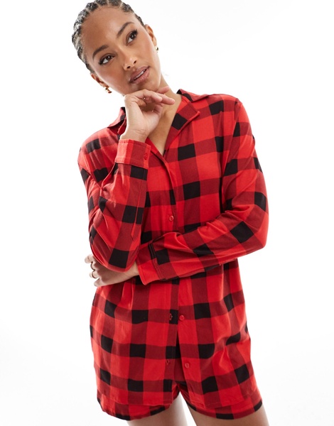 Brave Soul long sleeve red and black check shirt and shorts lounge set