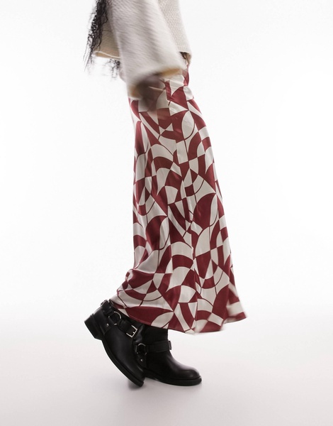 Topshop Tall satin bias maxi skirt in red geo print