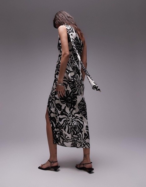 Topshop premium one shoulder drape midi dress in black smudge floral