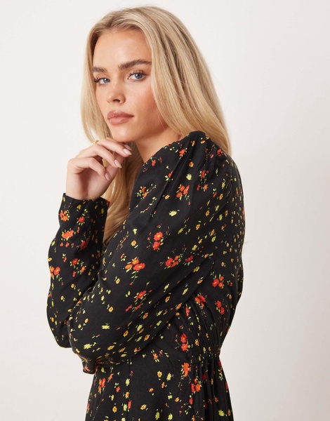 Miss Selfridge Petite ribbon detail tea dress in black floral print