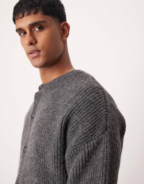 ASOS DESIGN relaxed boxy fit heavyweight knitted wool mix crew neck cardigan in gray