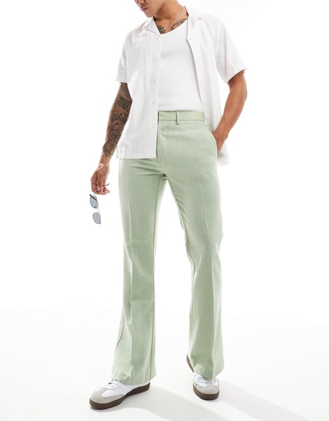 ASOS DESIGN smart flare wool mix pants in sage green herringbone