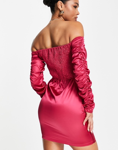Amy Lynn off the shoulder satin ruched dress with cut out in hot pink