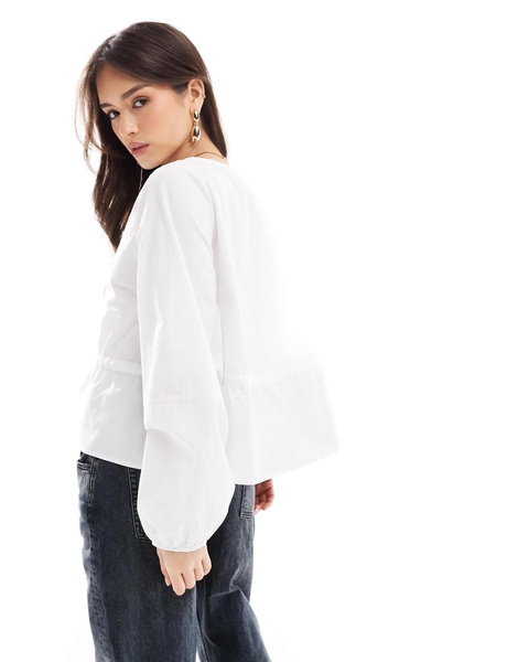 ASOS DESIGN poplin drawstring waist cocoon sleeve blouse in white