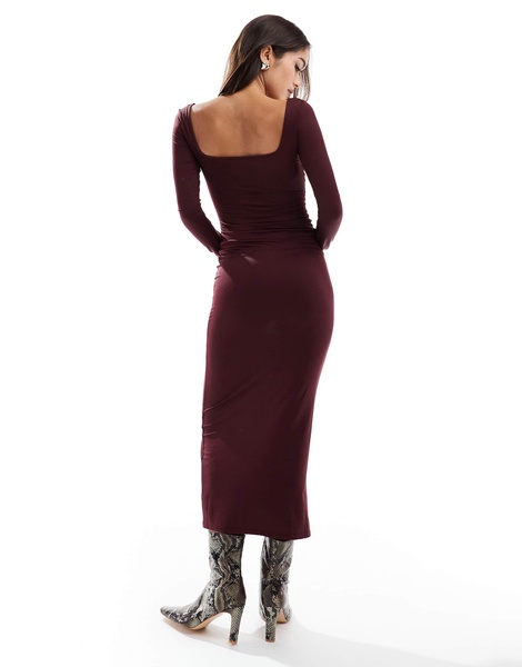 Bershka long sleeve square neck bodycon midaxi dress in burgundy