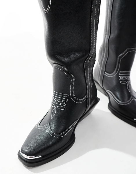 ASOS DESIGN Curve Celeste flat western knee boots in black with stitching
