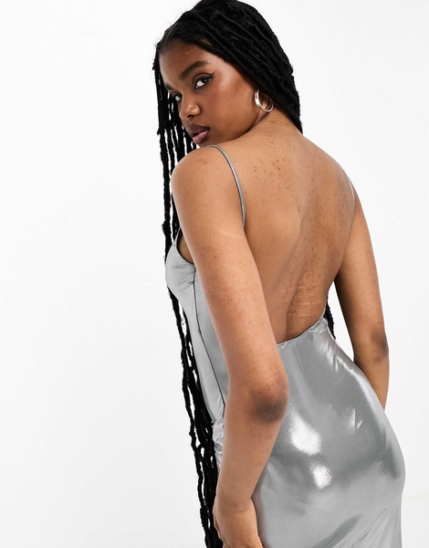 Bershka bodycon maxi dress in metallic silver