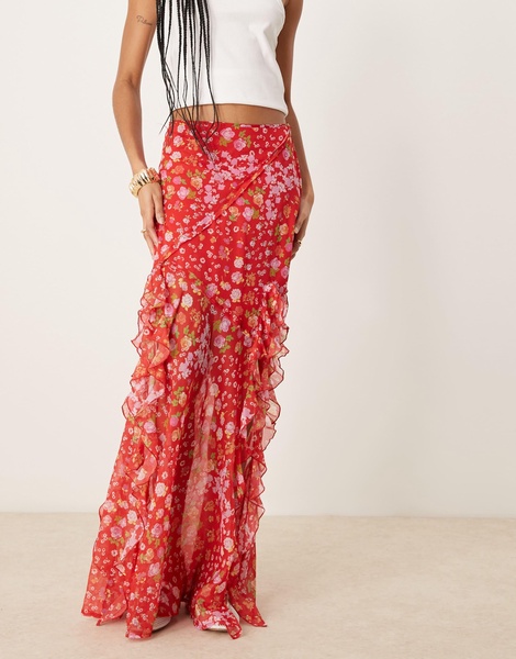 ASOS DESIGN Tall chiffon ruffle maxi skirt in floral print