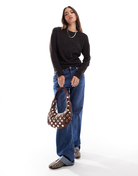 Vero Moda round neck knit sweater in chocolate melange