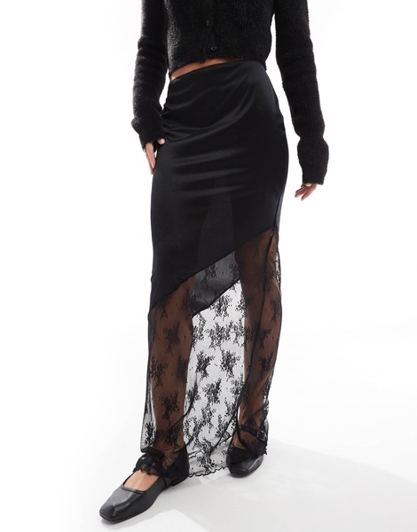 ASOS DESIGN satin maxi skirt with lace insert in black