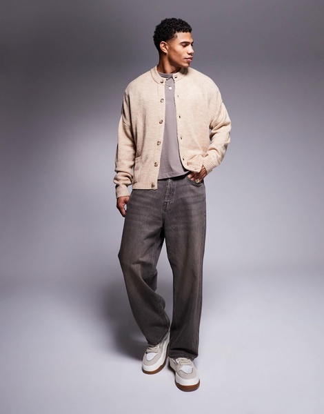 ASOS DESIGN oversized boxy fit knit crew neck cardigan with pockets in beige