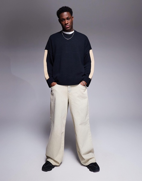 ASOS DESIGN super oversized crew neck sweater with arm stripe detailing in navy