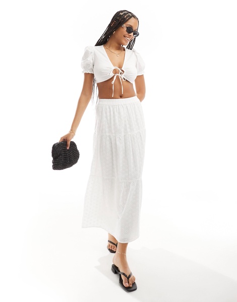 Bershka puff sleeve tie front cotton top in white