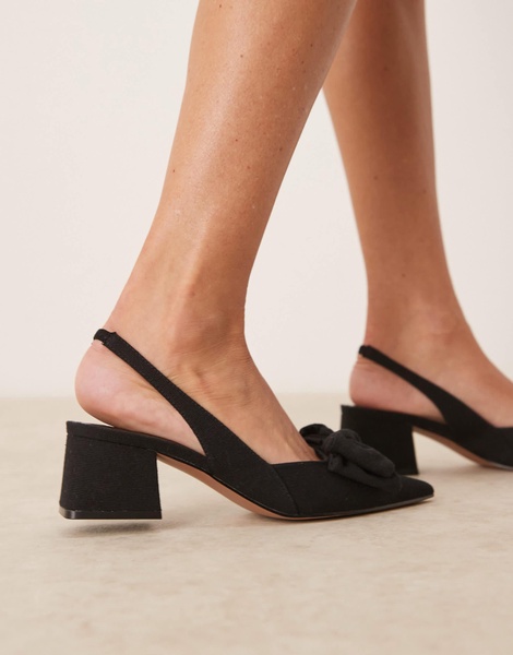 ASOS DESIGN Symphony bow slingback mid block heeled shoes in black linen