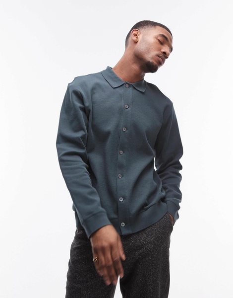 ARKET textured jersey cardigan with polo collar in green