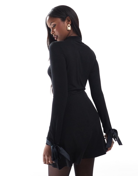 Miss Selfridge satin bow detail high neck flare dress in black