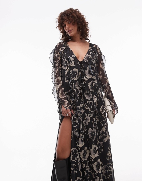 Topshop long sleeve ruffle midi dress in mono floral