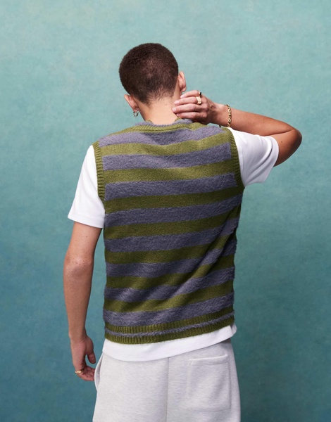 ASOS DESIGN fluffy knitted stripe vest in khaki