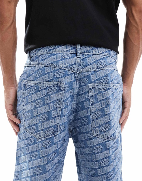 Bershka printed baggy jean in blue
