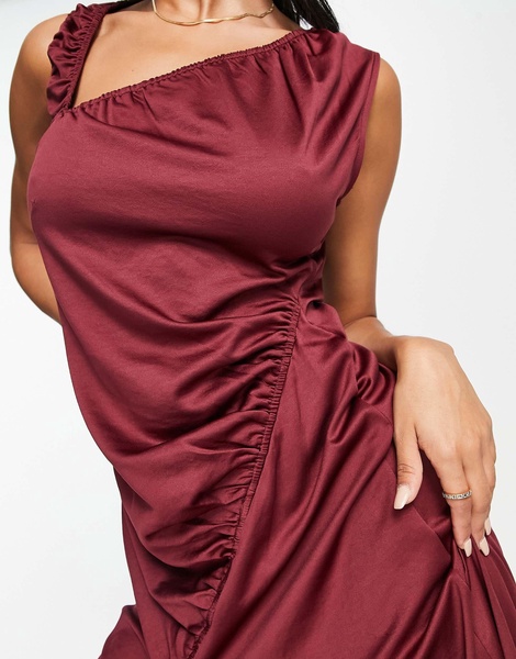 Amy Lynn satin gathered midi dress in burgundy