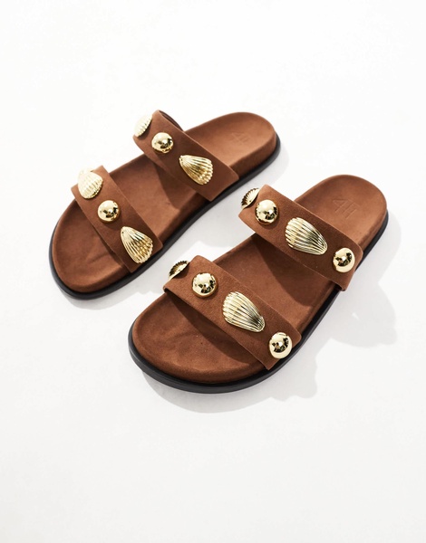 4th & Reckless gold shell embellished double strap flat sandals in faux suede brown