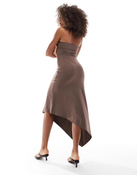 Bershka asymmetric shaping bandeau maxi dress in brown