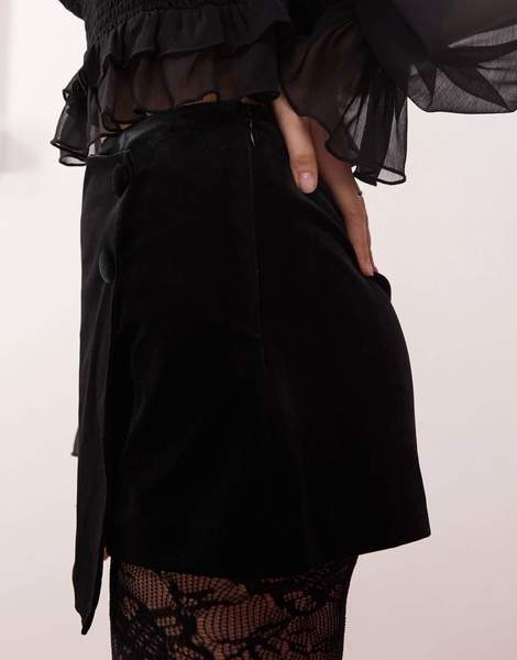 Miss Selfridge velvet wrap button detail skort in black