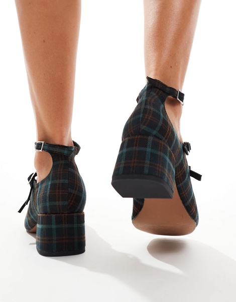 ASOS DESIGN Wide Fit Socco mid block heeled mary jane shoes in plaid