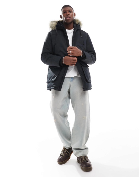 Jack & Jones parka with detachable faux fur hood in black