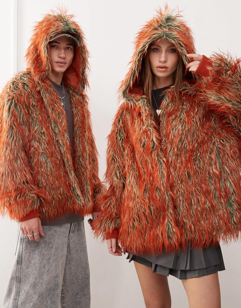 COLLUSION unisex overhead fur coat in orange