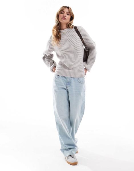 ASOS DESIGN knit structured sweater with volume sleeve in rib in gray