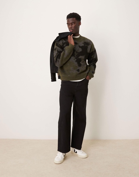 ASOS DESIGN relaxed boxy fit knit crew neck sweater with pattern in black