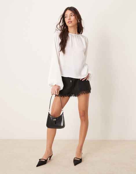 ASOS DESIGN satin volume sleeve blouse in ivory