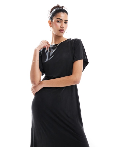 & Other Stories luxe jersey midi dress with boat neck and thigh slit in black