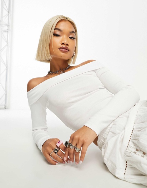 Bershka bardot soft touch long sleeve top in white - part of a set