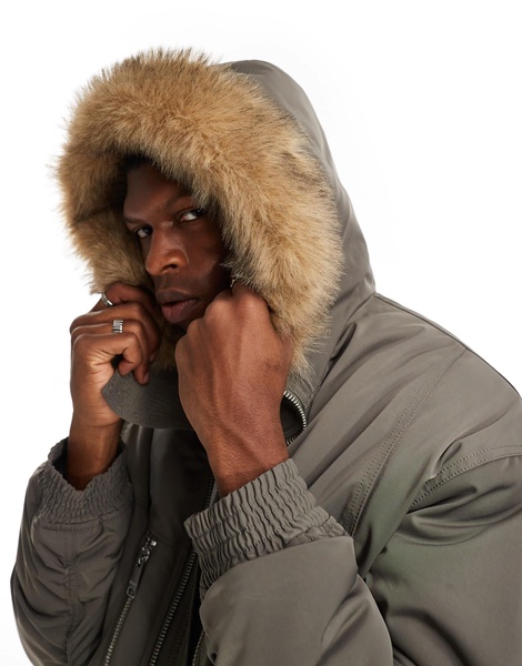 Weekday padded bomber jacket with faux fur hood in khaki