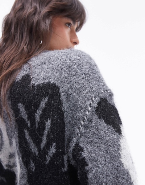 Topshop knitted large floral oversized sweater in gray