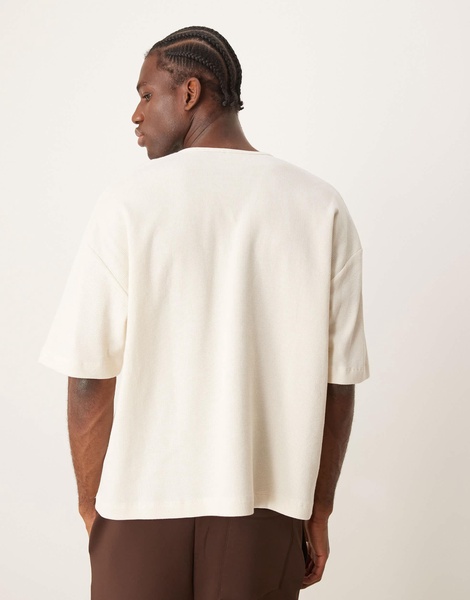 ASOS DESIGN oversized boxy waffle t-shirt with notch neck in cream