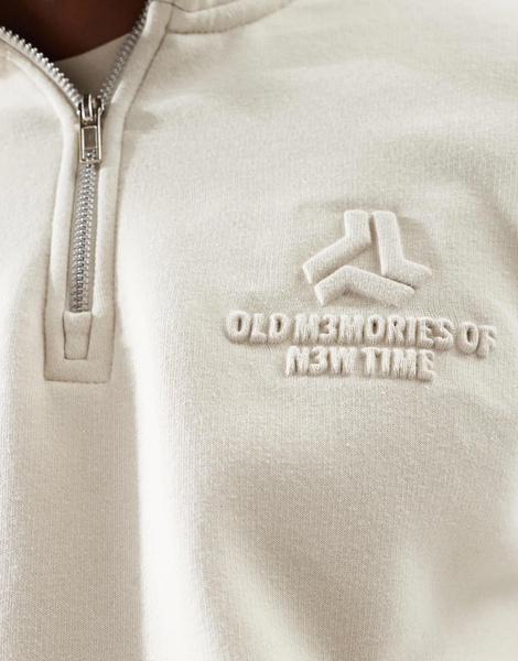 Bershka 1/4 zip sweatshirt with emboss print in ecru