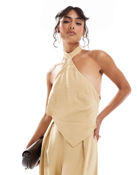 ASOS DESIGN halterneck tie detail wide leg jumpsuit in brown