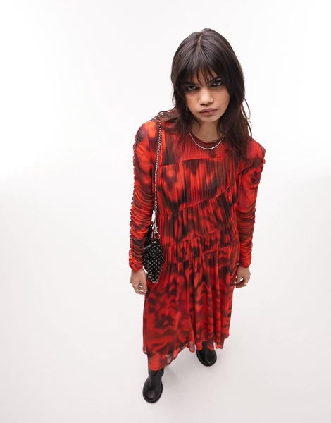 Topshop seamed ruch mesh midi dress in red floral print